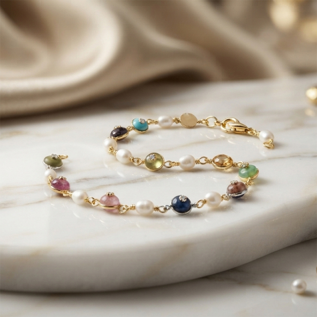 925 Sterling Silver Multi Gemstone Freshwater Pearl Bracelet