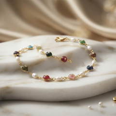 925 Sterling Silver Multi Gemstone Freshwater Pearl Bracelet