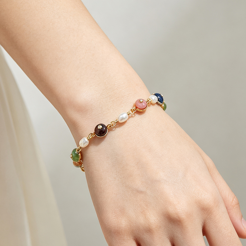 925 Sterling Silver Multi Gemstone Freshwater Pearl Bracelet