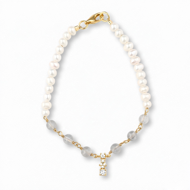 925 Sterling Silver Freshwater Pearl Grey Moonstone Bracelet