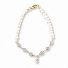 925 Sterling Silver Freshwater Pearl Grey Moonstone Bracelet