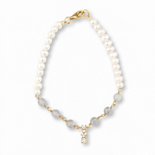 925 Sterling Silver Freshwater Pearl Grey Moonstone Bracelet