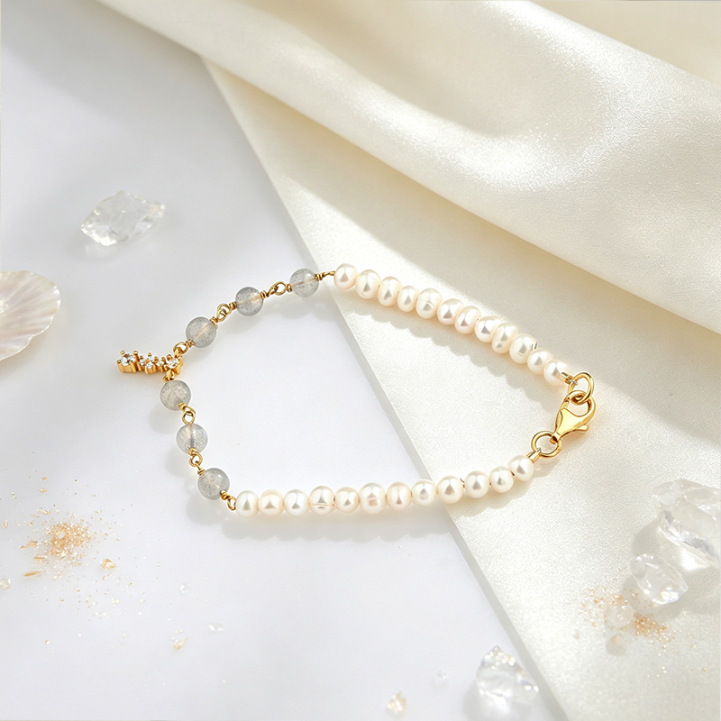 925 Sterling Silver Freshwater Pearl Grey Moonstone Bracelet