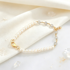 925 Sterling Silver Freshwater Pearl Grey Moonstone Bracelet