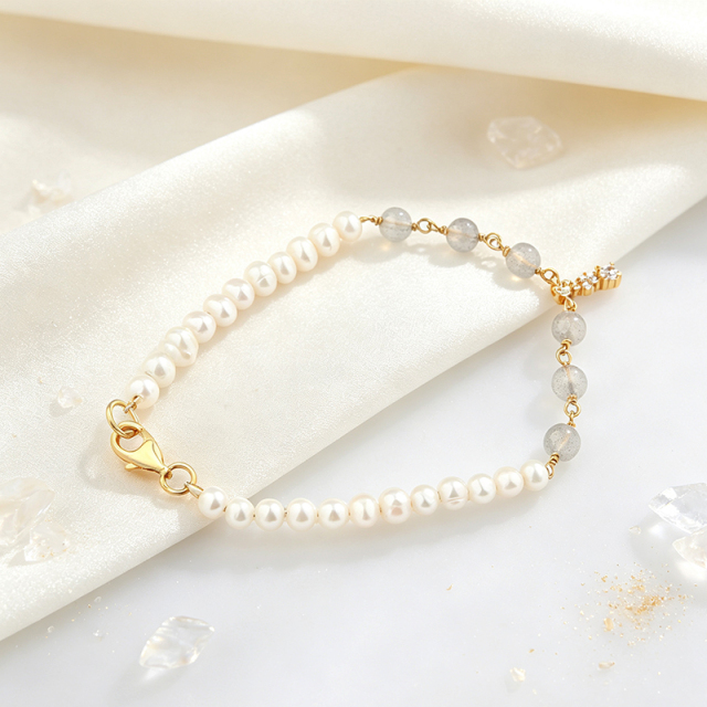 925 Sterling Silver Freshwater Pearl Grey Moonstone Bracelet