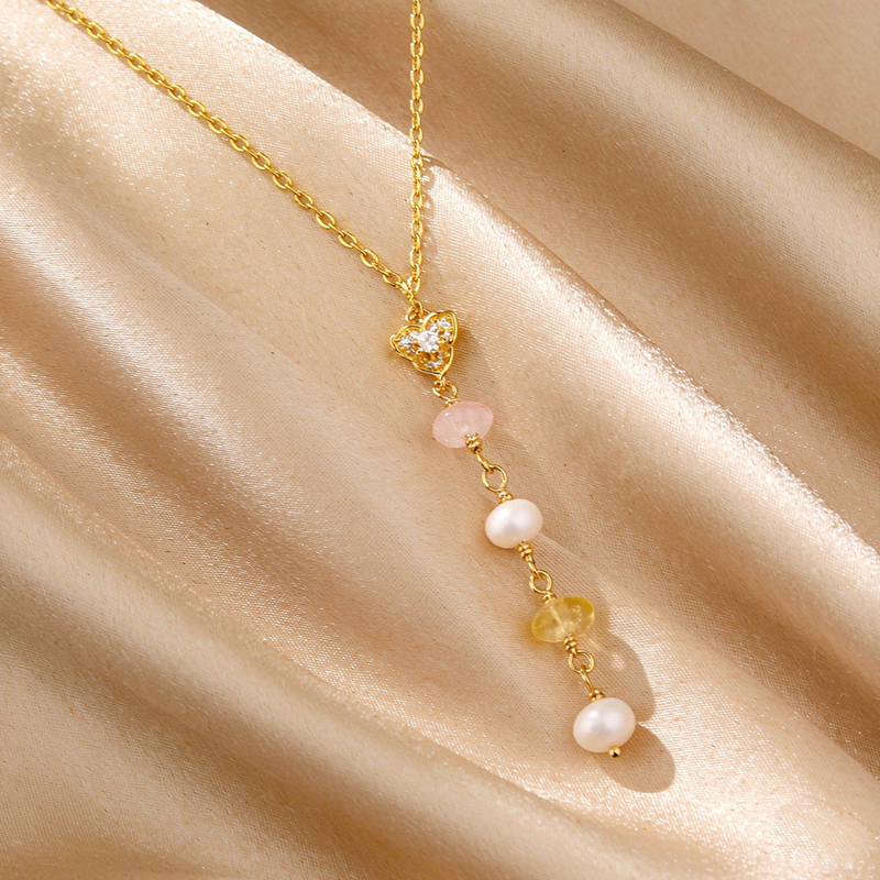925 Sterling Silver CZ Floral Freshwater Pearl Multi Gemstone Y Drop Necklace