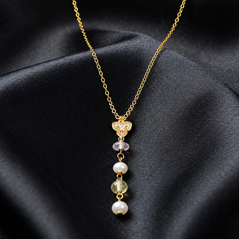 925 Sterling Silver CZ Floral Freshwater Pearl Multi Gemstone Y Drop Necklace