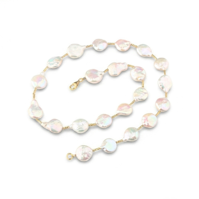 925 Sterling Silver Baroque Coin Freshwater Pearl Beaded Necklace