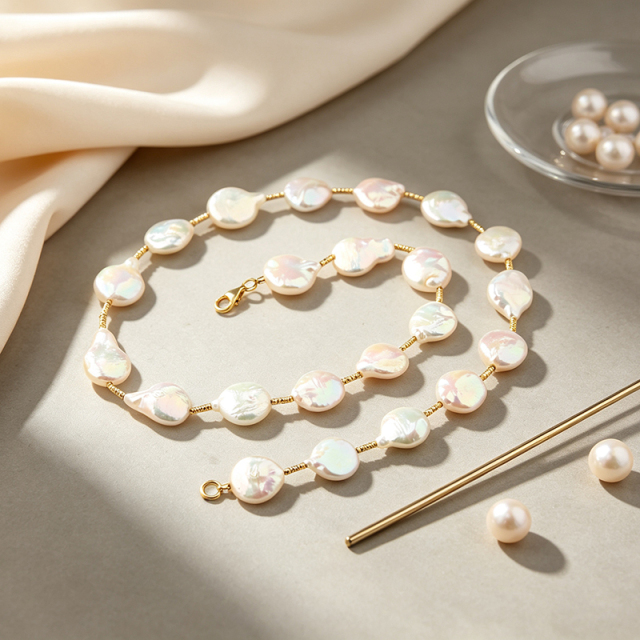 925 Sterling Silver Baroque Coin Freshwater Pearl Beaded Necklace