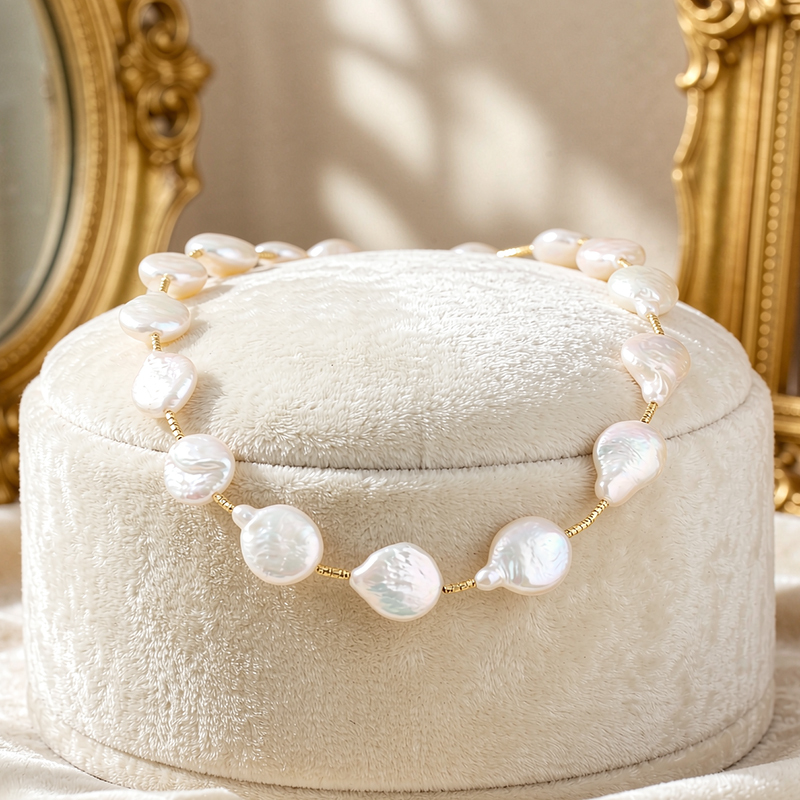 925 Sterling Silver Baroque Coin Freshwater Pearl Beaded Necklace