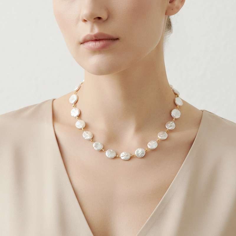 925 Sterling Silver Baroque Coin Freshwater Pearl Beaded Necklace