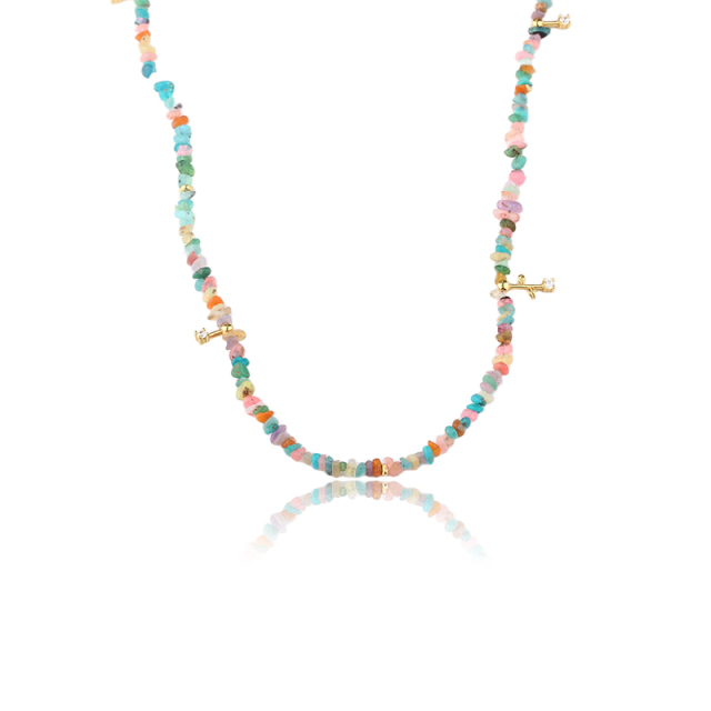 925 Sterling Silver Multi Color Raw Gemstone Chip Bead Choker Necklace