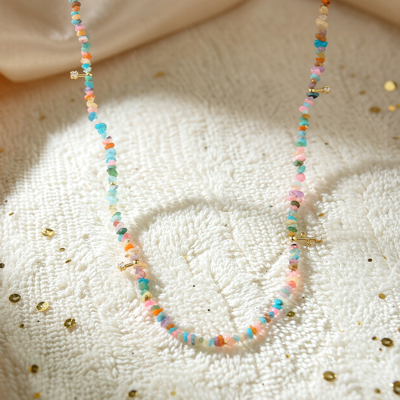 925 Sterling Silver Multi Color Raw Gemstone Chip Bead Choker Necklace