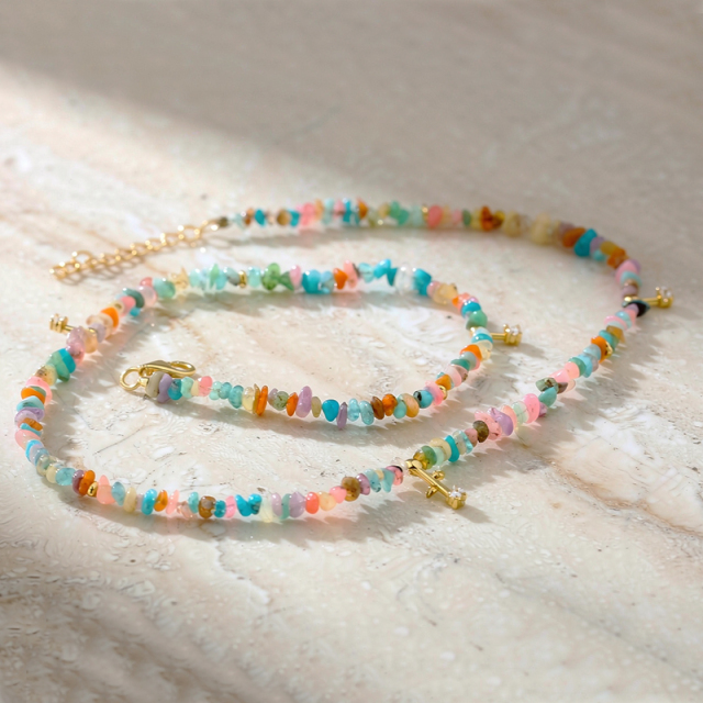 925 Sterling Silver Multi Color Raw Gemstone Chip Bead Choker Necklace