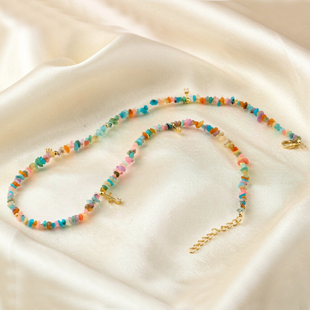 925 Sterling Silver Multi Color Raw Gemstone Chip Bead Choker Necklace