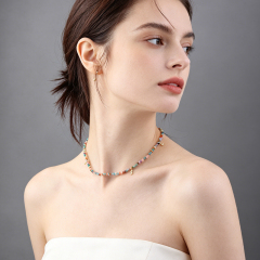 925 Sterling Silver Multi Color Raw Gemstone Chip Bead Choker Necklace