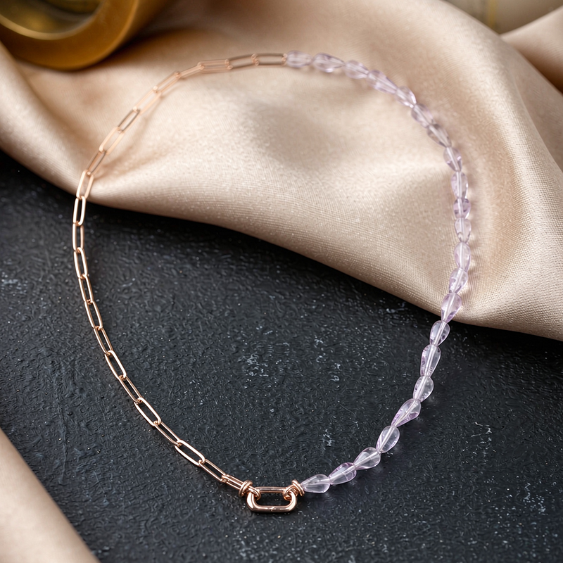 925 Sterling Silver Mixed Chain Amethyst Bead Necklace