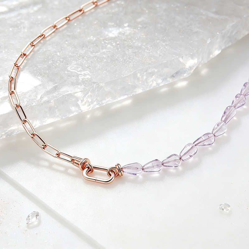 925 Sterling Silver Mixed Chain Amethyst Bead Necklace