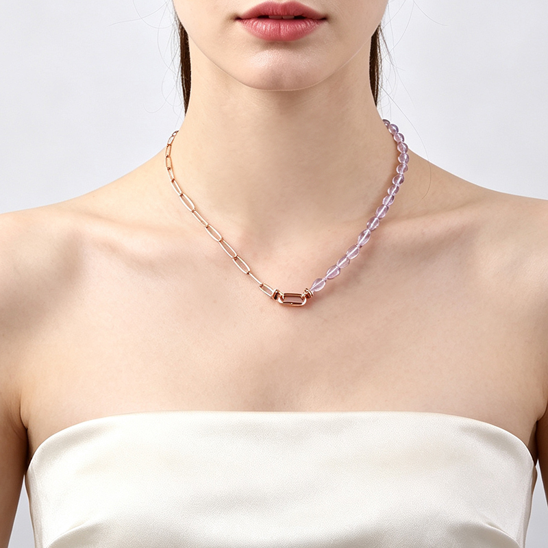 925 Sterling Silver Mixed Chain Amethyst Bead Necklace