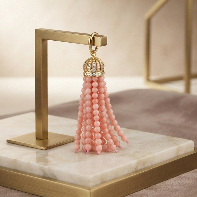 Gold-Tone Pink Opal Beaded Crown Tassel Pendant