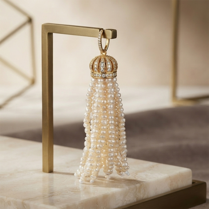 Gold-Tone Pink Opal Beaded Crown Tassel Pendant