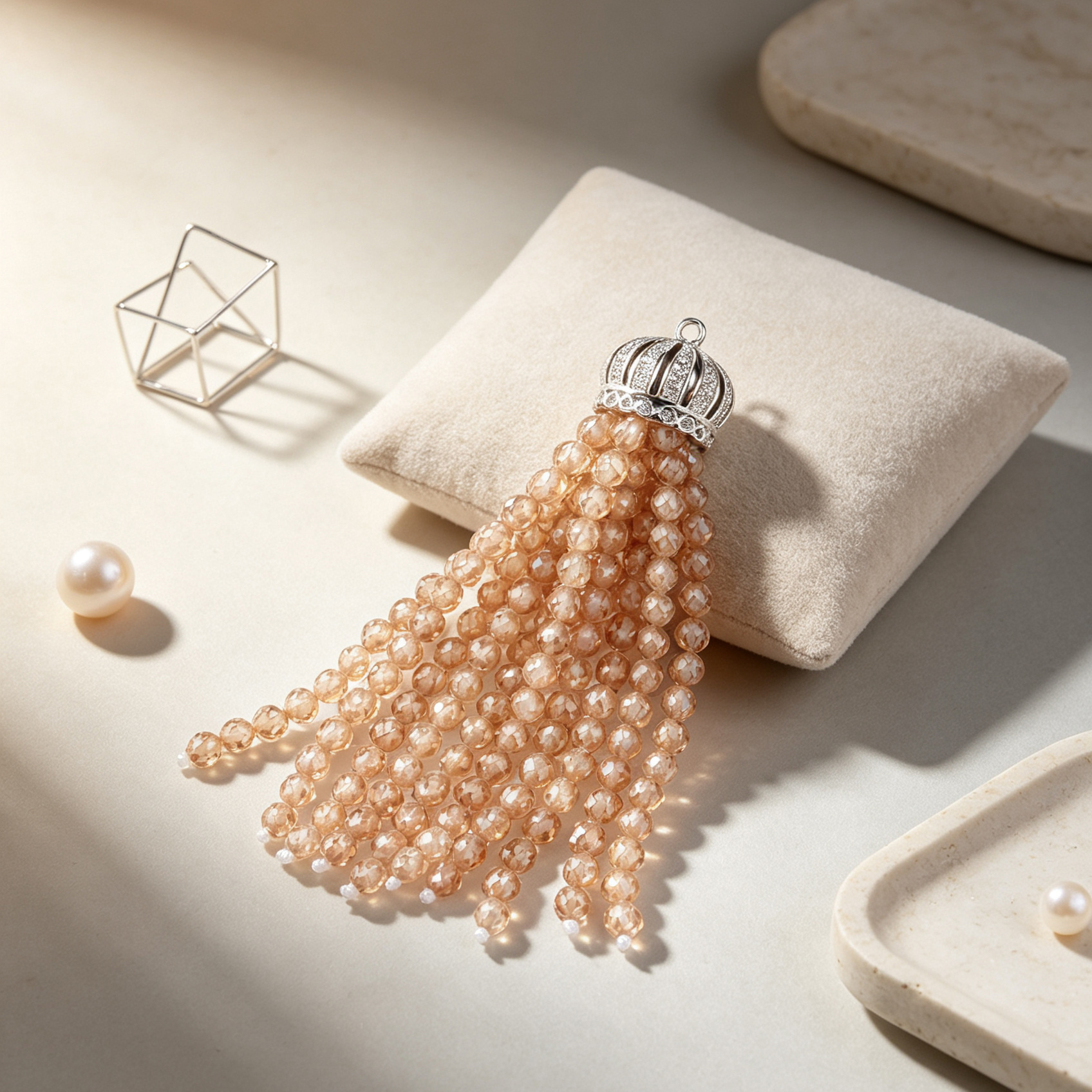 Gold-Tone Pink Opal Beaded Crown Tassel Pendant