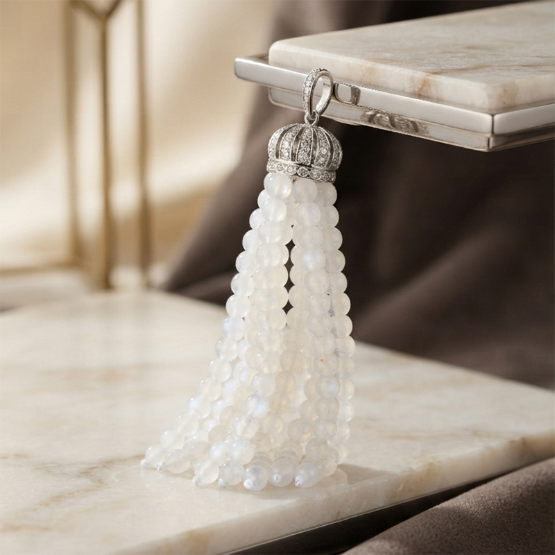 Gold-Tone Pink Opal Beaded Crown Tassel Pendant