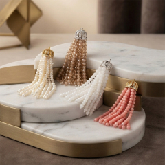 Gold-Tone Pink Opal Beaded Crown Tassel Pendant