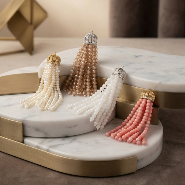 Gold-Tone Pink Opal Beaded Crown Tassel Pendant