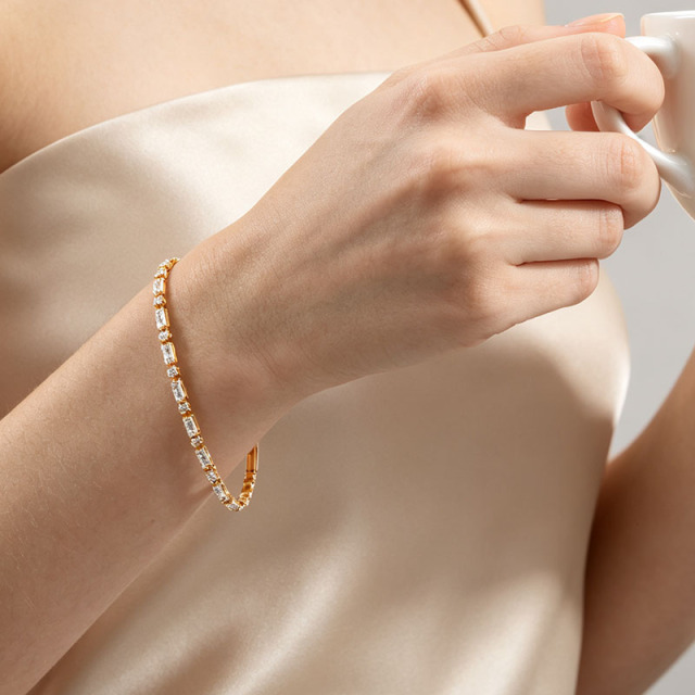 925 Sterling Silver Baguette and Round CZ Tennis Bracelet