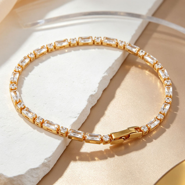 925 Sterling Silver Baguette and Round CZ Tennis Bracelet