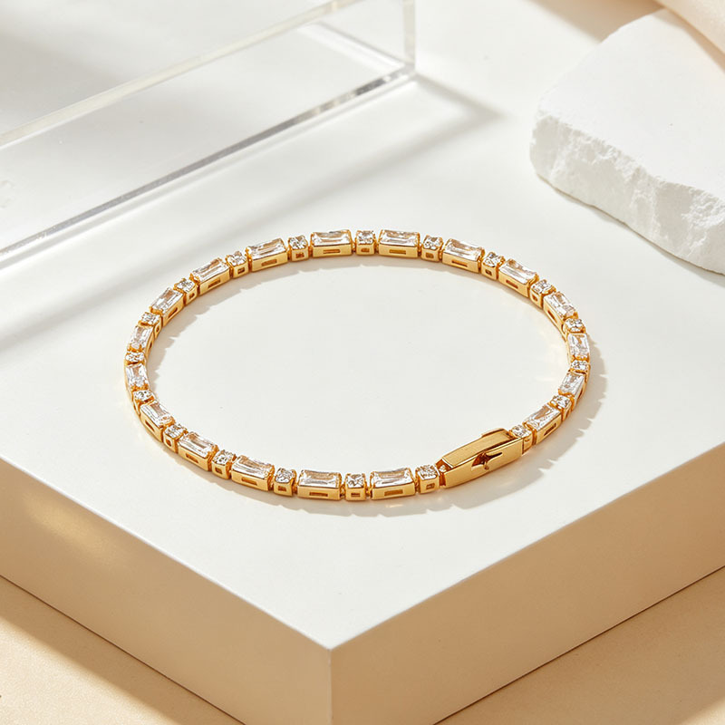 925 Sterling Silver Baguette and Round CZ Tennis Bracelet