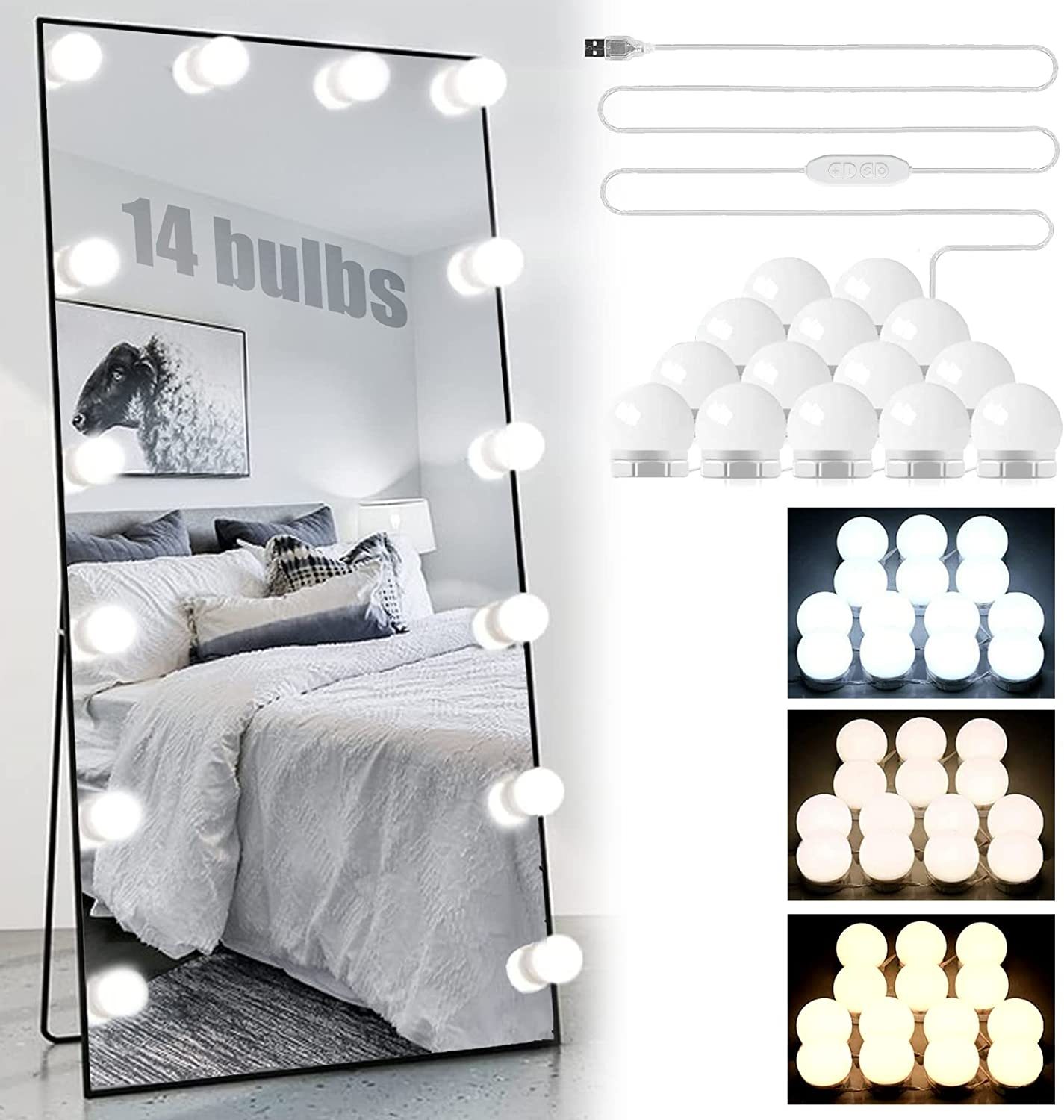 Luz de Maquillaje LED DOSYU con 14 Bombillas y 3 Modos de Color, Brillo Ajustable, Tocador,DOSYU,