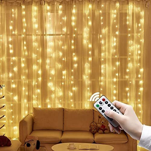 Luz de Cortina LED DOSYU con Gancho, 3Mx3M 300LEDS con Control Remoto 8 Modos, IP65 Impermeable, Dormitorio, Patio, Fiesta, Navidad,DOSYU,
