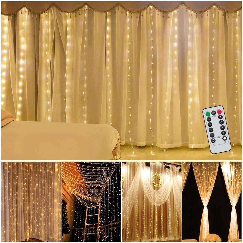 Luz de Cortina LED DOSYU con Gancho, 3Mx3M 300LEDS con Control Remoto 8 Modos, IP65 Impermeable, Dormitorio, Patio, Fiesta, Navidad,DOSYU,