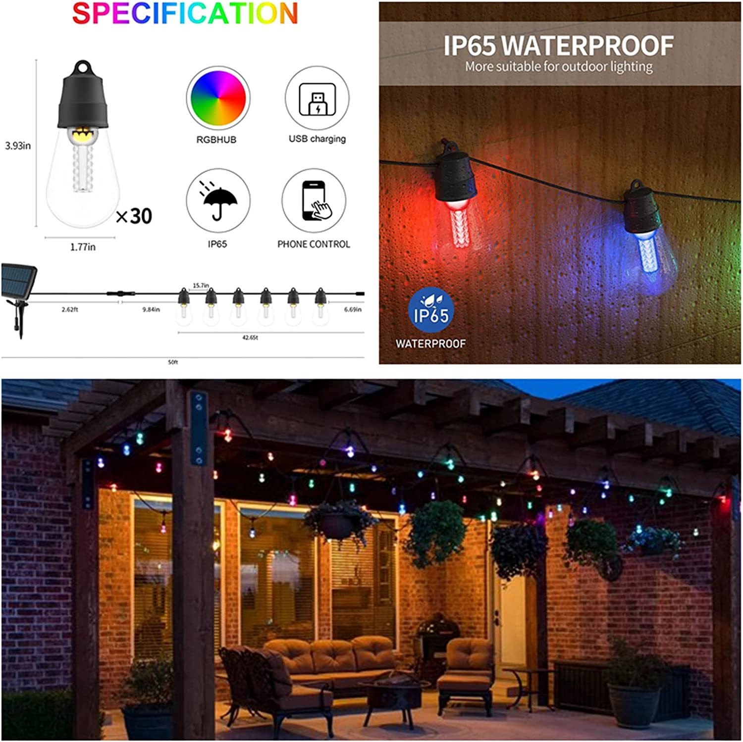 Cadena de Luz Solar DOSYU S14, Bombillas de 13m / 30, IP65 a prueba de Agua, Control Remoto APP, Decoración Navideña LED,DOSYU,