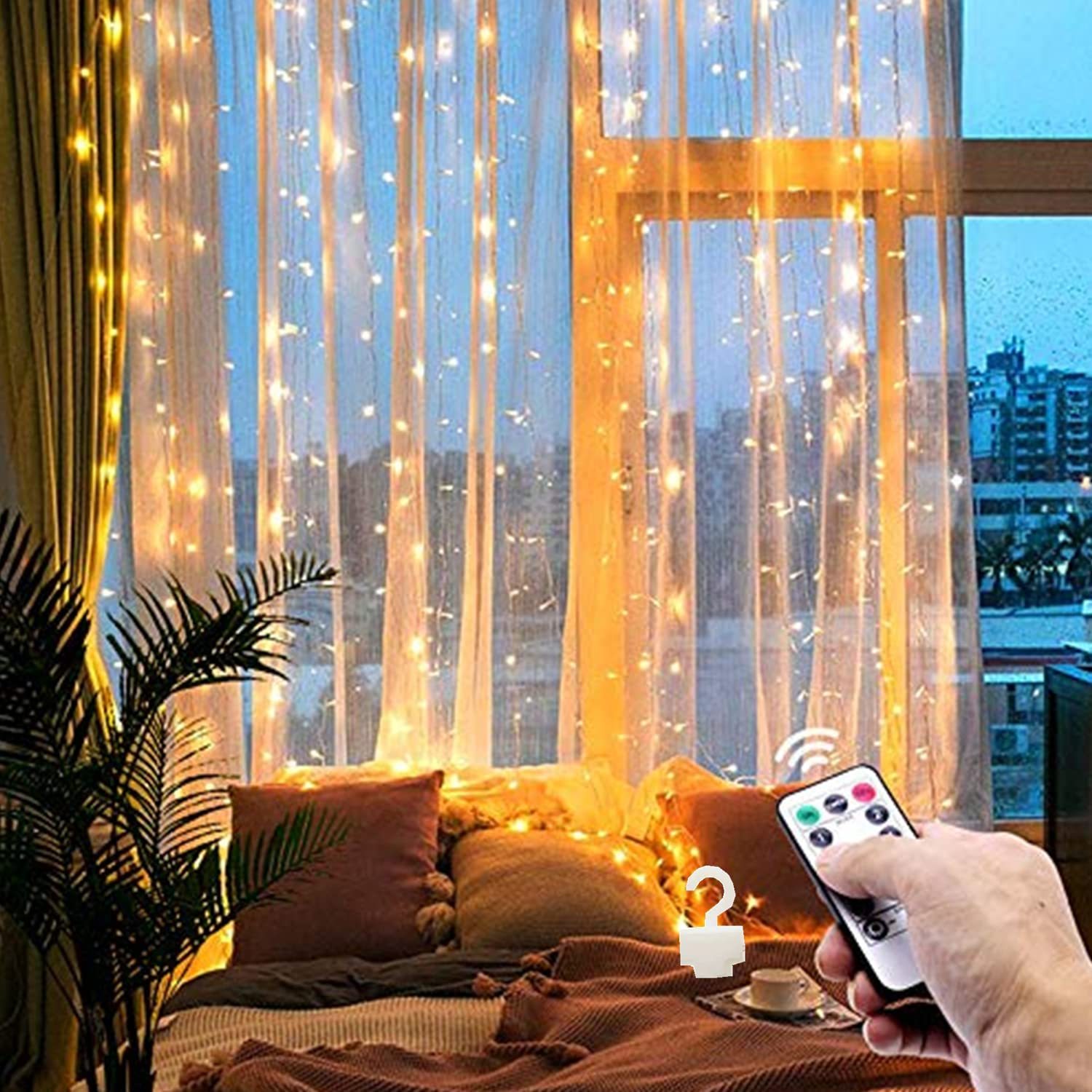 Luz de Cortina LED DOSYU con Gancho, 3Mx3M 300LEDS con Control Remoto 8 Modos, IP65 Impermeable, Dormitorio, Patio, Fiesta, Navidad,DOSYU,