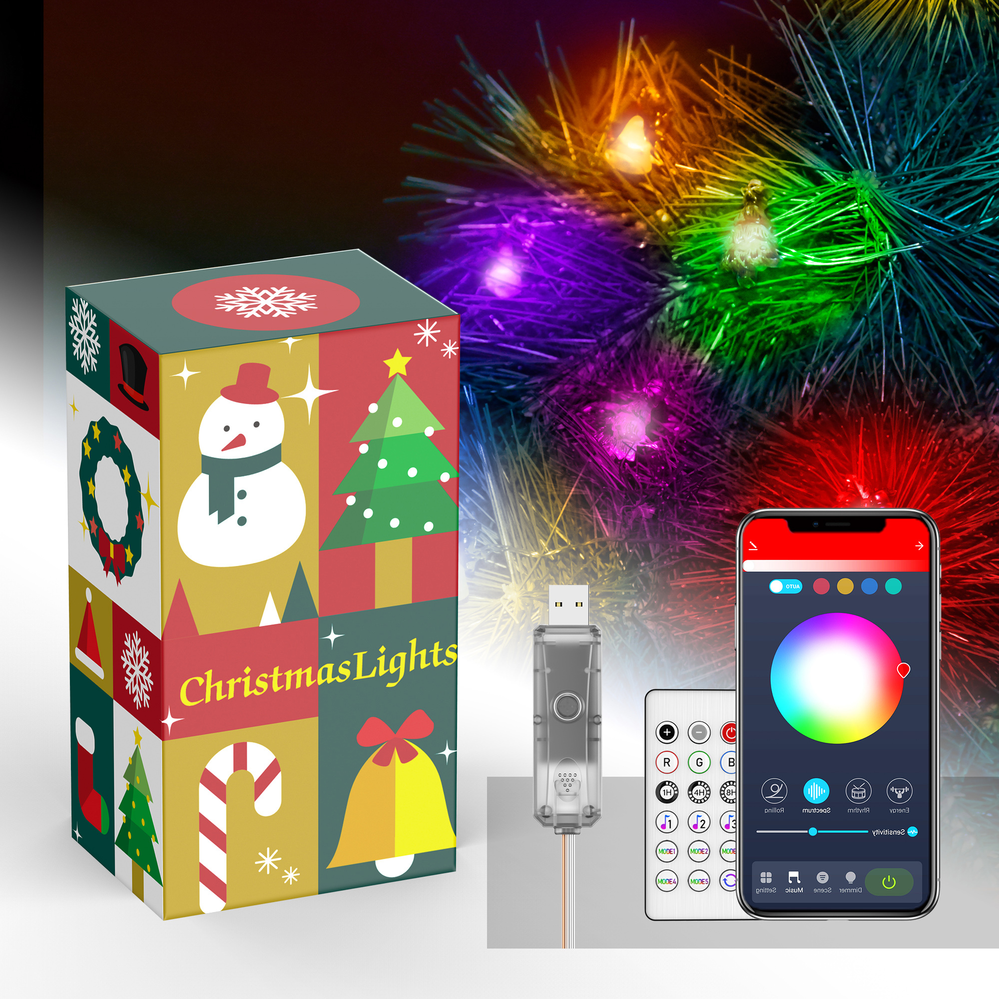 DOSYU 2M 20LED Decoración Colgante de Luz de Navidad, Control Remoto de 24 Teclas Para Festival, Fiesta de Cumpleaños, Navidad (Campanas y árbol de Navidad),DOSYU,