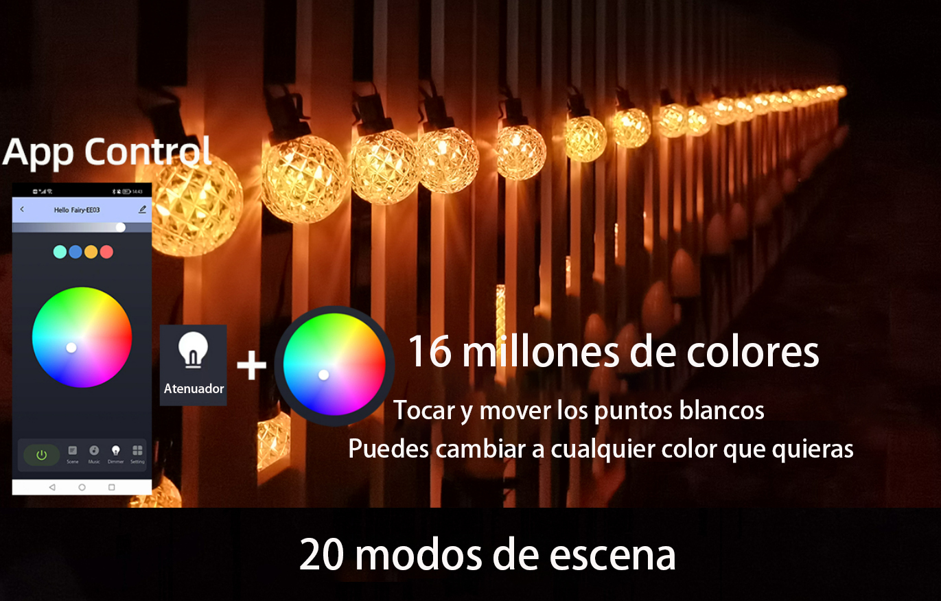 DOSYU 10M 50LED G40 Cuerda de Cristal Esférico con IP65 Impermeable Para Decoración Navideña, Porche, Jardín, Piscina, Fiesta，Camping (Adaptador Bluetooth),DOSYU,