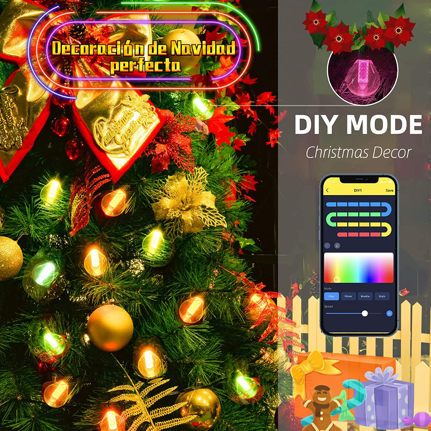 15M / 49.2 FT Cadena de luz de Navidad, 25pcs, IP65 impermeable, para decoración navideña, porche, jardín, piscina, fiesta, camping,DOSYU,