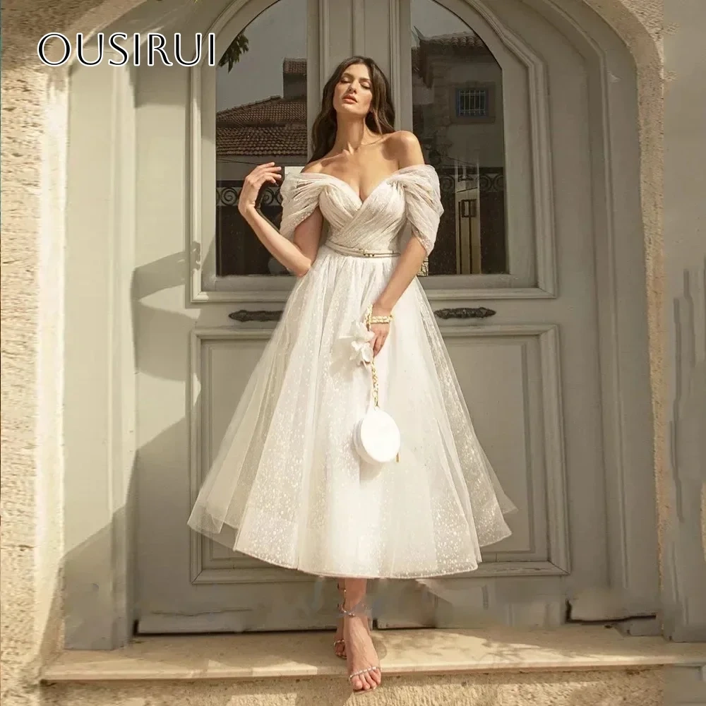Shiny Tulle Bridal Wedding Dresses Off Shoulder A Line Sash Tea Length Corset Back Customized Vestidos De Novia