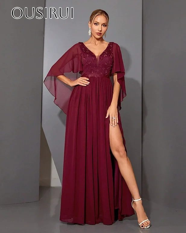 V-neck Chiffon Flowers Evening Dress Slit Pleated A-line Floor Length Wrap Short Sleeves Party Gowns  فساتين السهرة