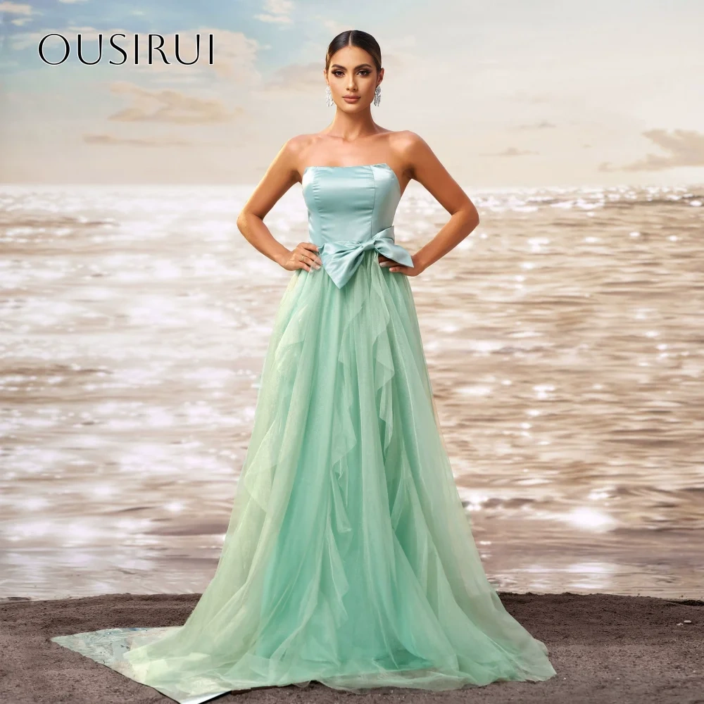 Strapless Bow A-line Evening Dresses Tulle Floor Length Sleeveless Customized Party Gowns  فساتين ال