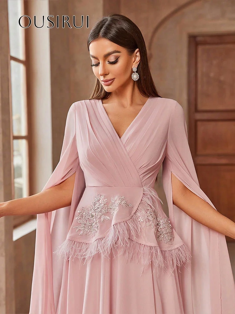 V-neck A-line Appliques Feather Evening Gowns Chiffon Long Sleeves Customized вечерние платья Robes De Soirée