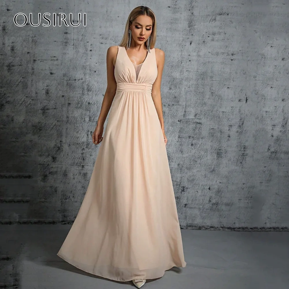 Chiffon V-neck A-line Prom Dresses Backless Sleeveless Floor Length Customized فساتين سهرة إيلي صعب