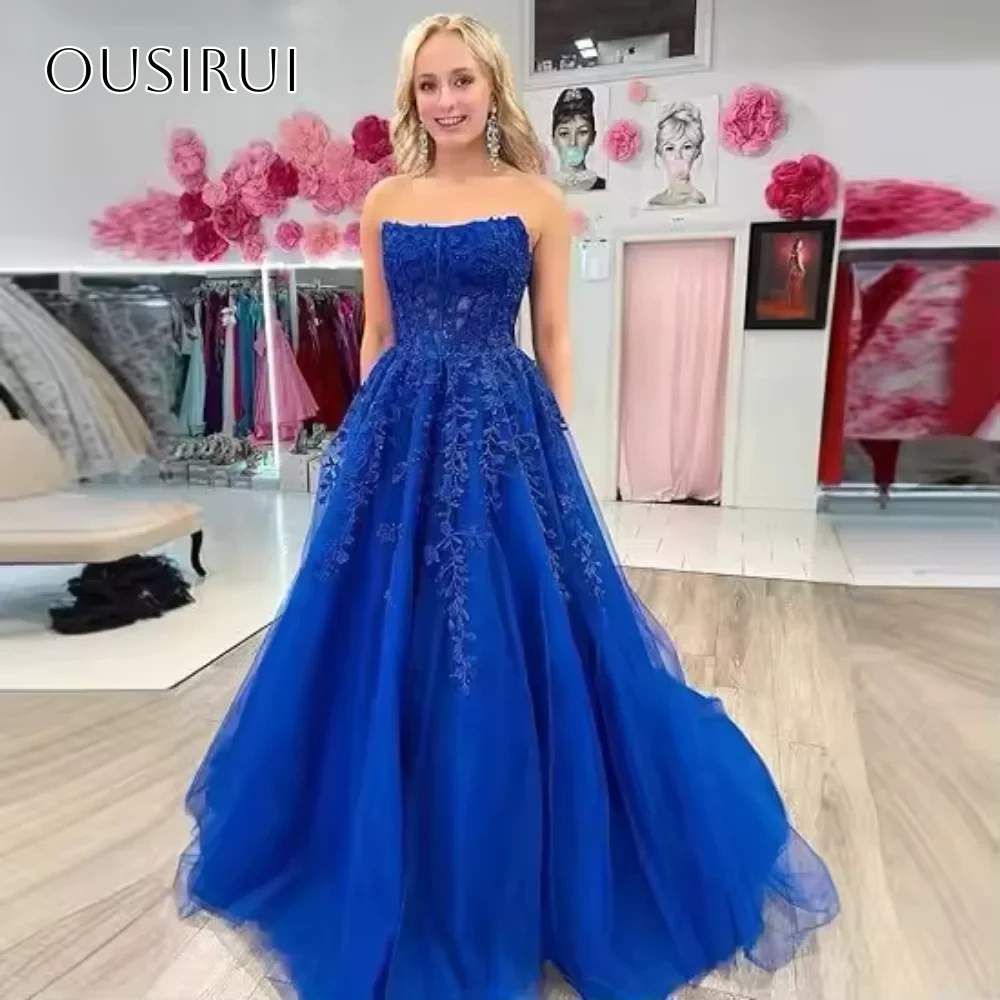 Strapless Appliques A-line Evening Dresses Sleeveless Sweep Train Customized Party Gowns  فساتين السهرة
