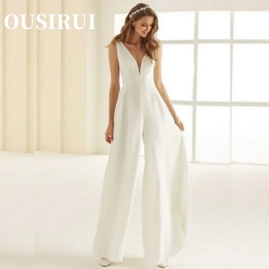 OUSIRUI Wedding Dresses For Women Ivory V Neck Boho Wedding Customized Jumpsuit Pants Suit شارون سعيد فساتين سهره