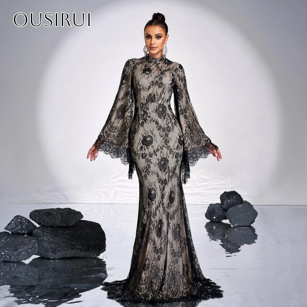 Sheath Lace O-neck Evening Dresses Puffy Long Sleeves Pleated Sweep Train Party Gowns  فساتين السهرة