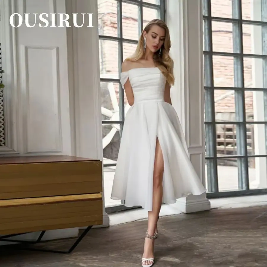 Wedding Dresses Satin Tea Length Boat Nect Bridal Gowns for Women Asymmetrical Off Shoulder White Summer Vestidos De Novia