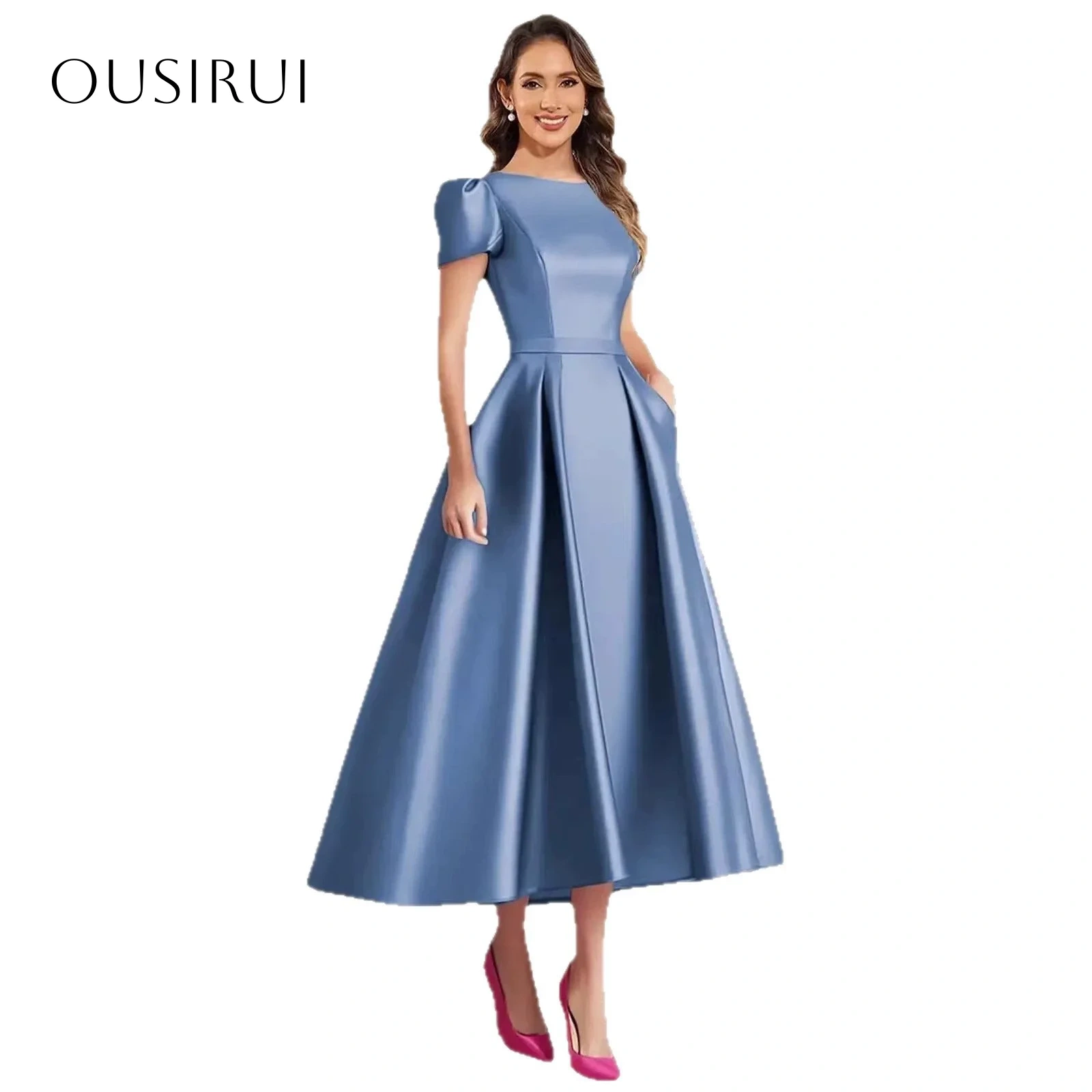 Satin Short Sleeves A-line Homecoming Gown Tea Length Ruched Customized платье на выпуск